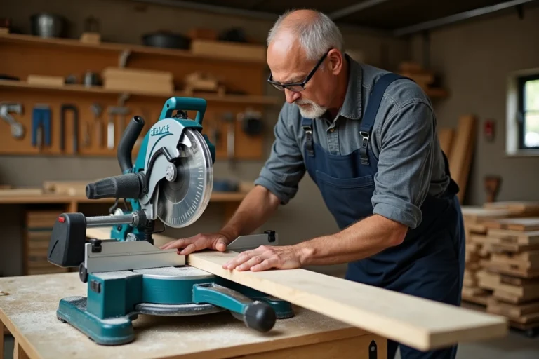 Artisan utilisant la scie radiale Makita LS1018L pour couper une planche en bois dans un atelier de menuiserie professionnel