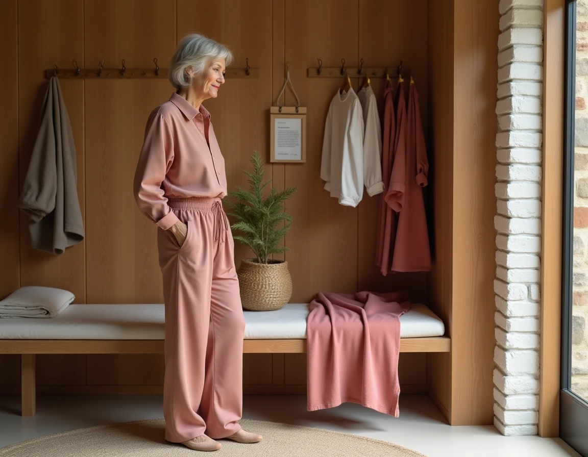Femme choisissant une tenue adaptée avant une séance de réflexologie, avec pantalon large et jupe longue posés sur un banc en bois