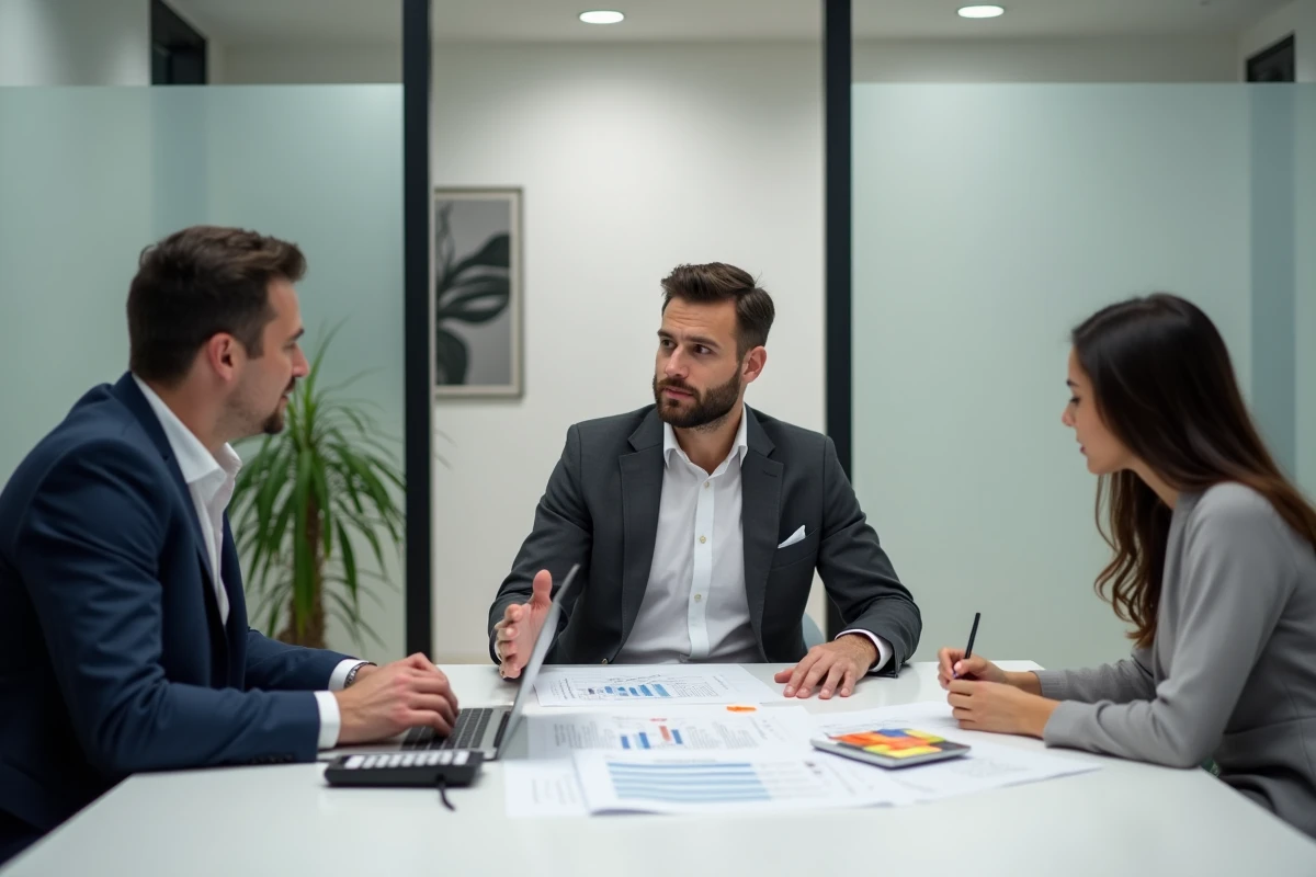 Un conseiller immobilier présentant une analyse de marché comparative à un client lors d'une consultation pour optimiser un investissement immobilier