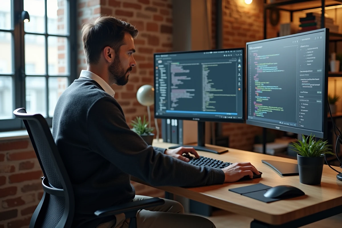 Développeur ou consultant digital travaillant seul sur des écrans de code et d'architecture cloud dans un bureau loft industriel moderne