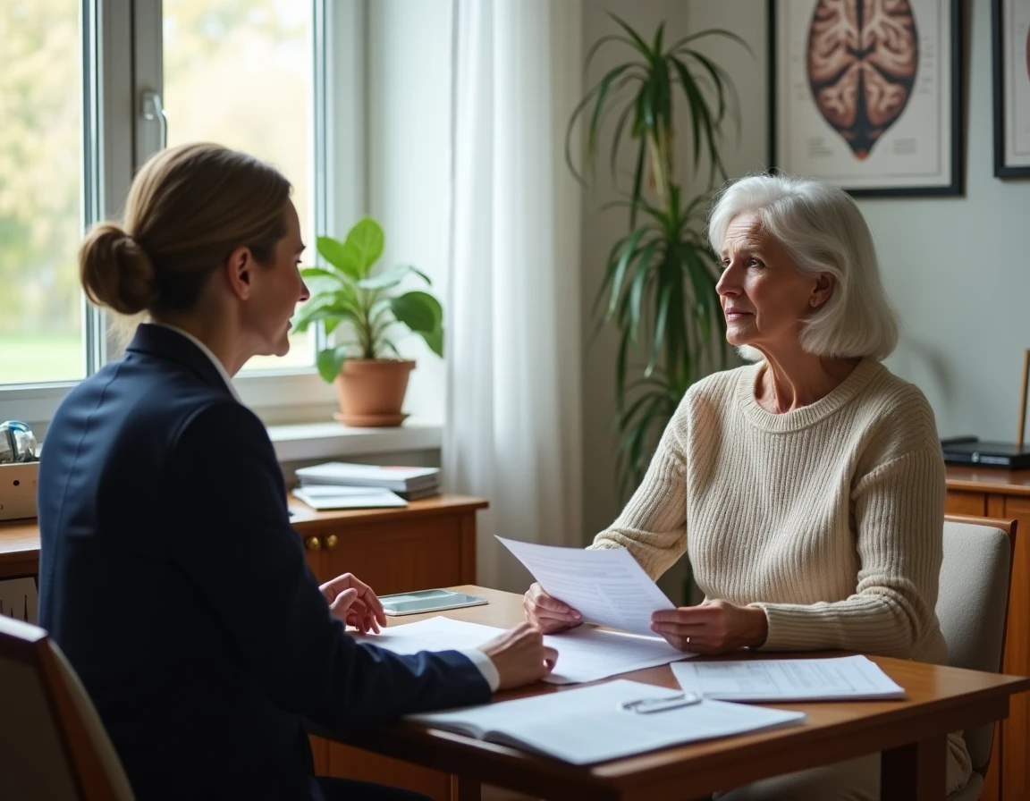 Patiente âgée en consultation médicale discutant du diagnostic et du traitement de la leucopathie vasculaire