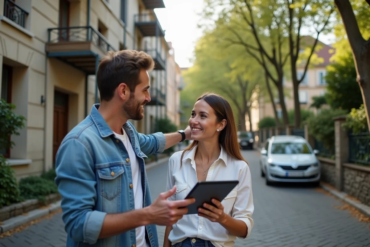Un couple consultant une application d'estimation immobilière sur tablette devant une maison en rénovation pour planifier leur projet immobilier