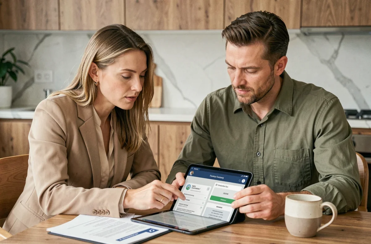 Couple consultant des documents administratifs de véhicule en ligne sur une tablette dans leur cuisine