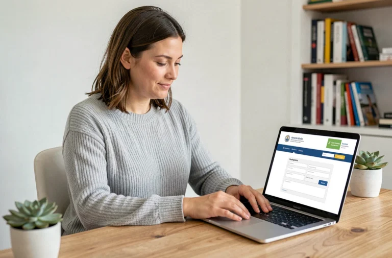 Femme effectuant ses démarches administratives automobile en ligne depuis son bureau à domicile