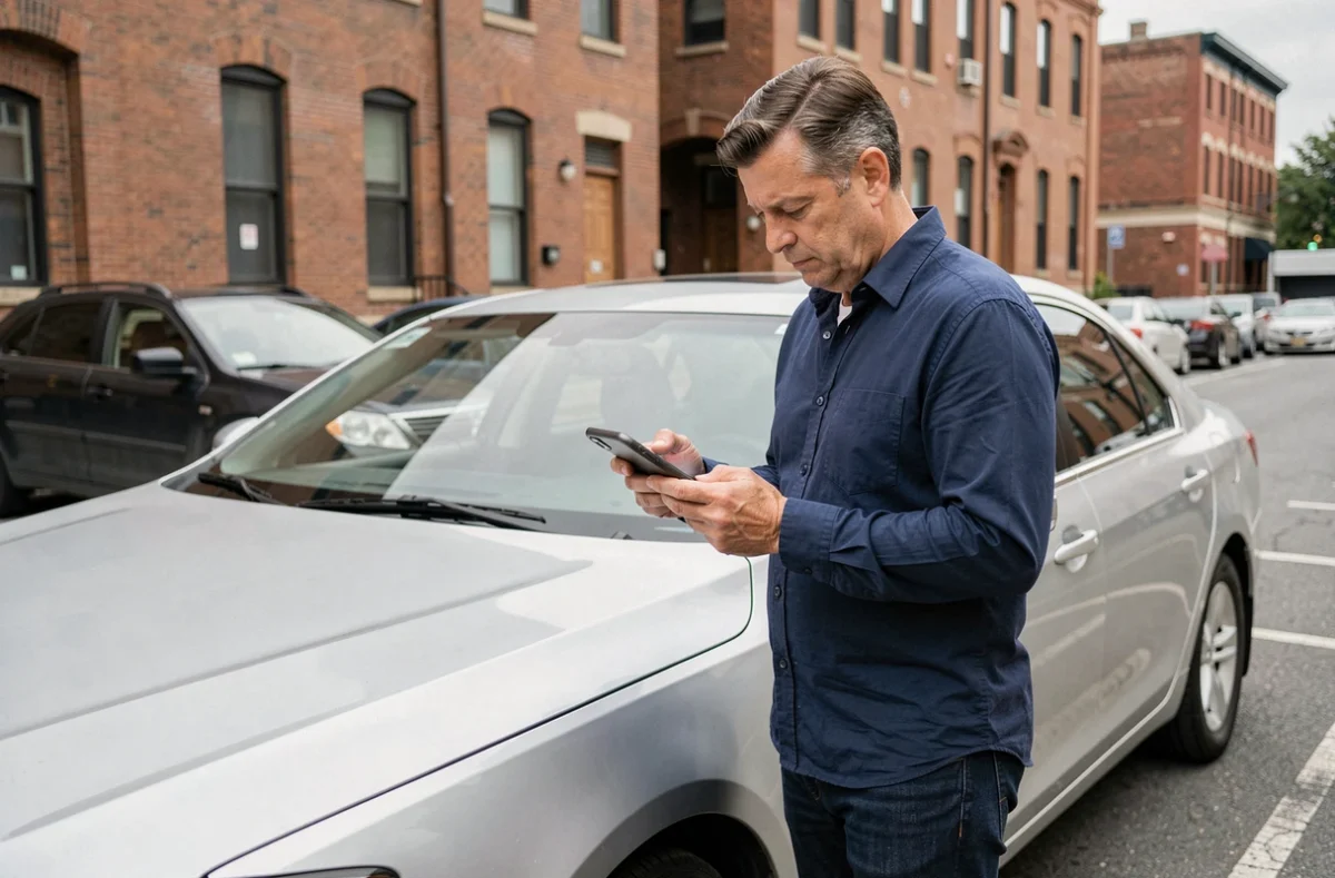 Homme consultant une application de démarches automobiles sur smartphone près de sa voiture en ville