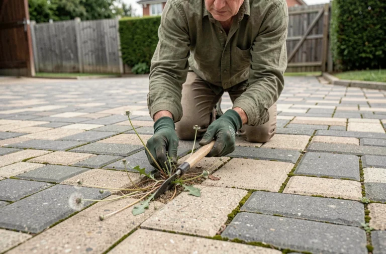 Homme qui désherbe manuellement les joints de pavés autobloquants avec un outil de jardinage