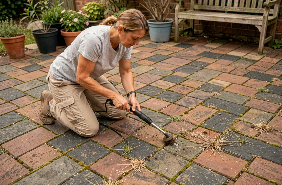 Femme utilisant un désherbeur thermique sur des pavés autobloquants dans un patio de jardin