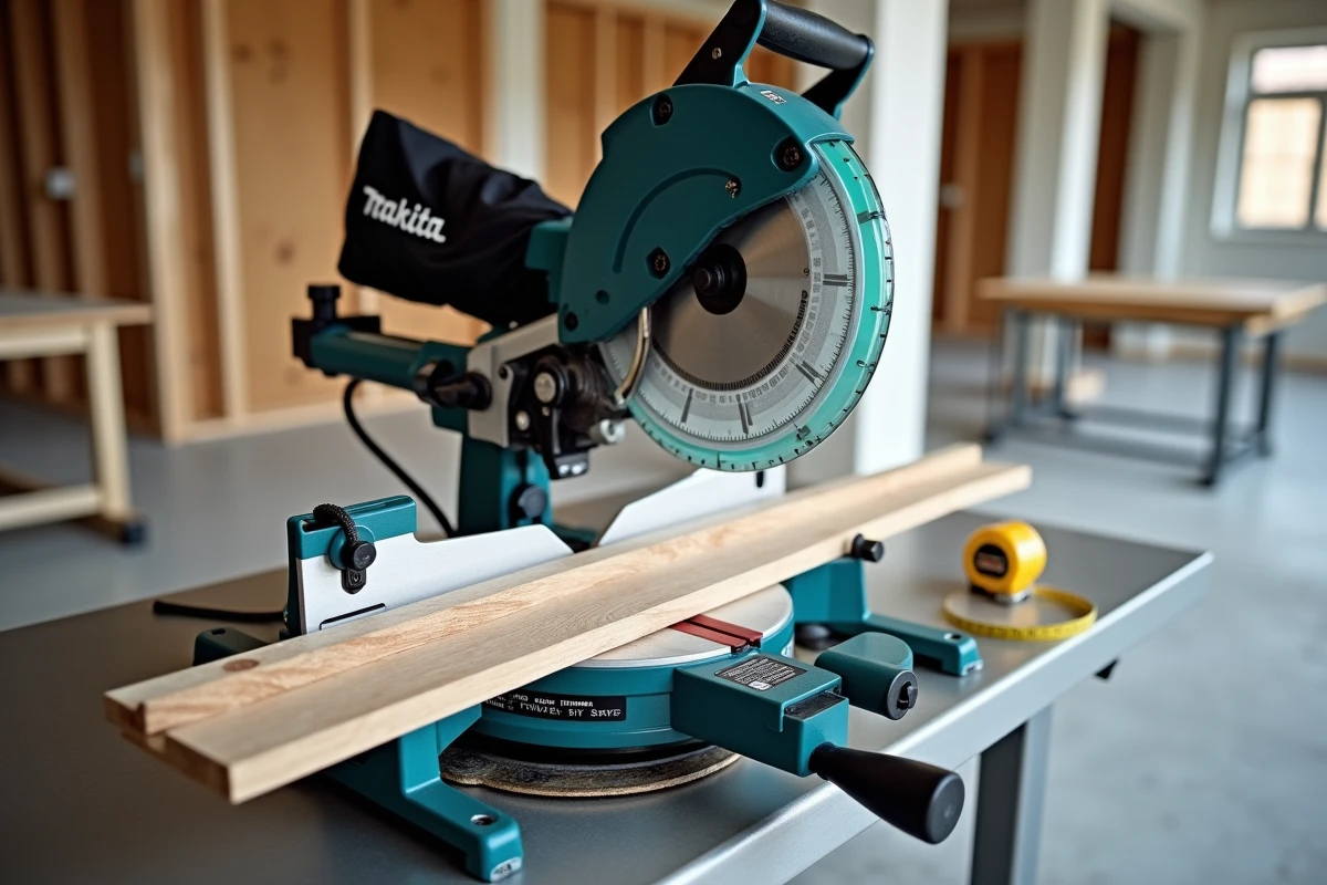 Vue rapprochée de la scie radiale Makita LS1018L avec guide laser et mécanisme coulissant sur un établi moderne