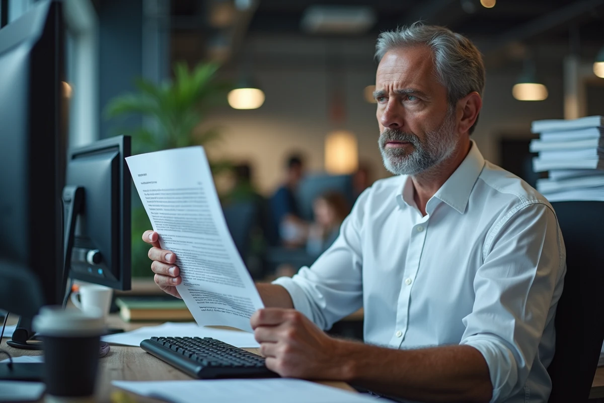 Employé de bureau consultant un document sur le droit du travail concernant les pauses à son poste de travail