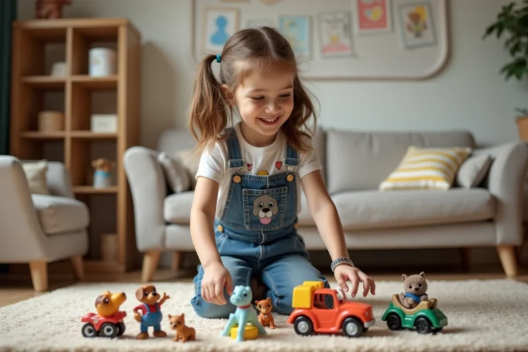 Fille de 6 ans joue avec des figurines colorées dans un salon chaleureux
