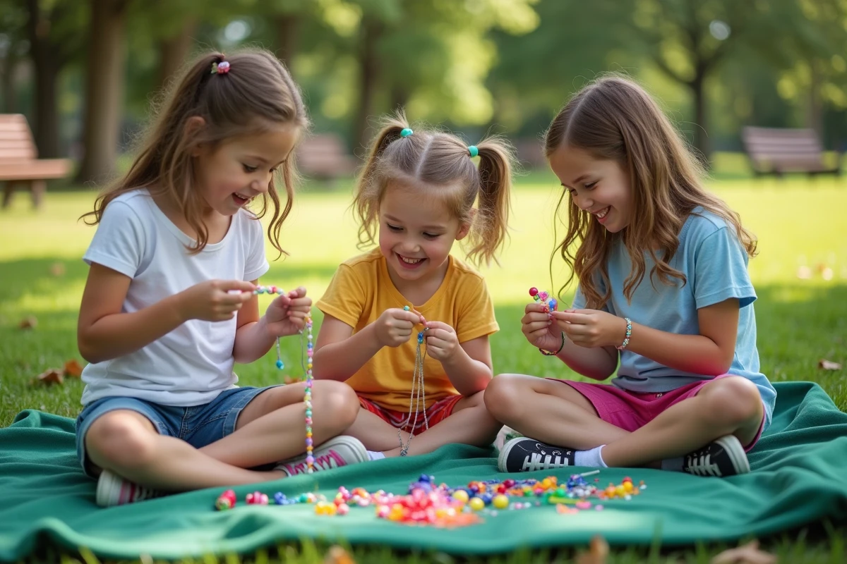 Enfants faisant des bracelets en plein air dans un parc