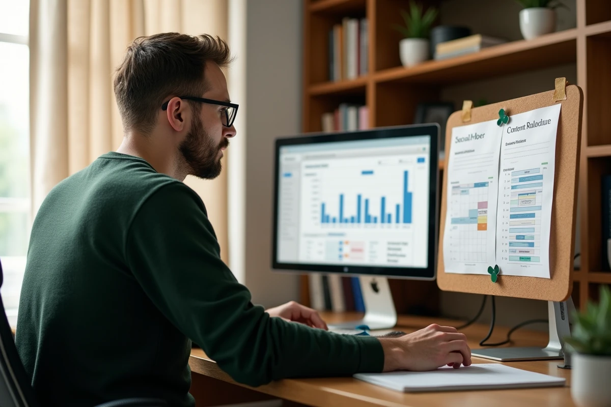 Entrepreneur analysant une feuille de route marketing sur un tableau de liège dans son bureau à domicile