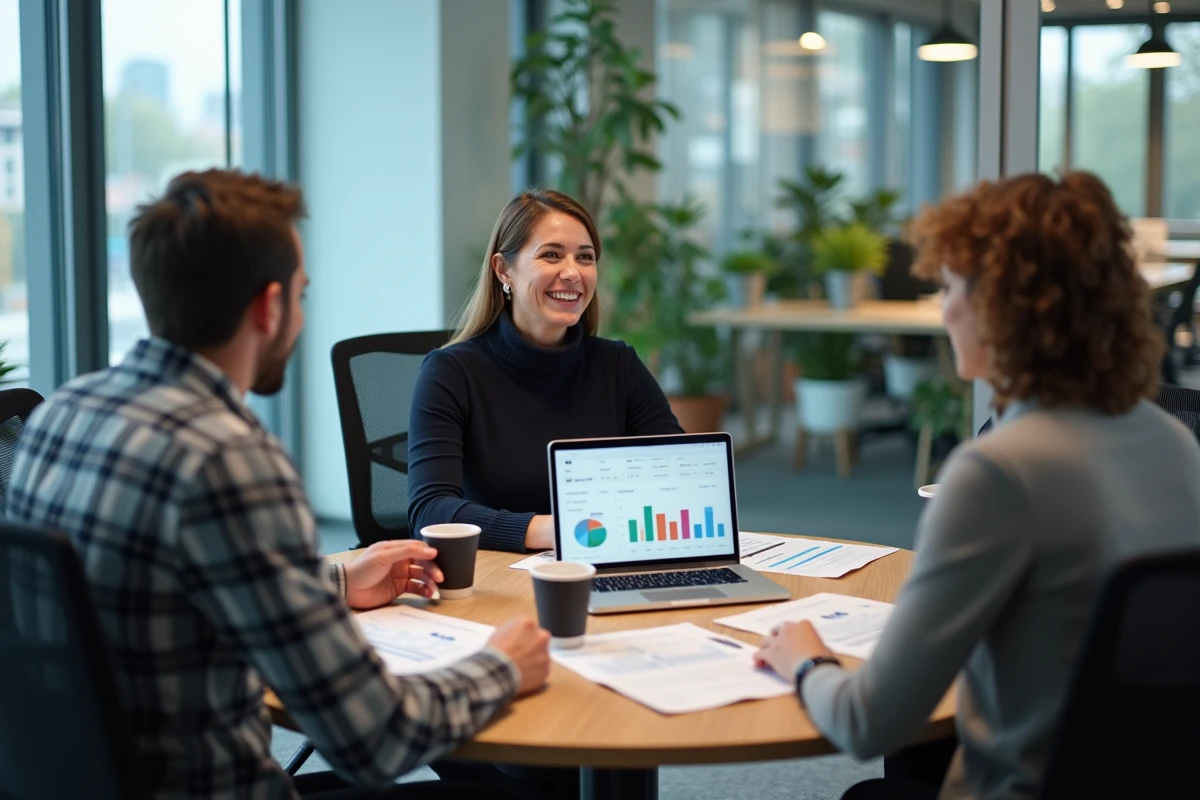 Équipe marketing en réunion analysant des données et rapports de performance dans une salle de conférence vitrée