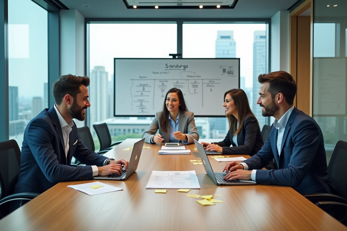 Équipe de professionnels en réunion stratégique autour d'une table avec laptops et tablettes pour planifier la transformation digitale de leur entreprise