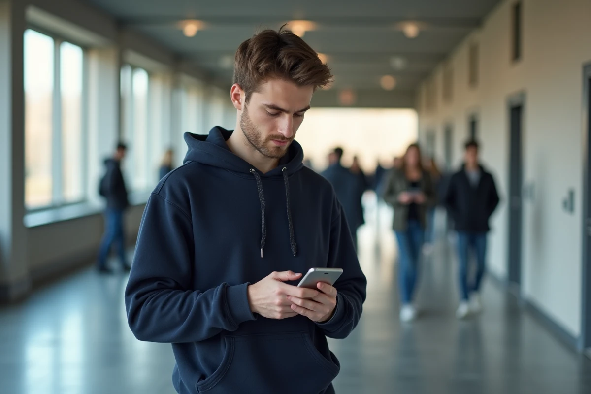 Étudiant en sciences de la santé consultant l'application Cristolink sur son smartphone dans un couloir d'université