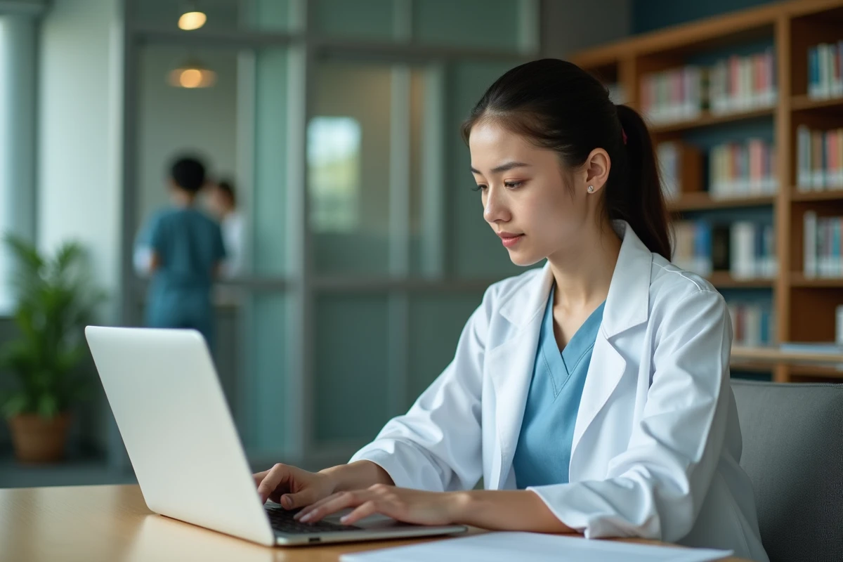 Étudiante en médecine accédant à un portail universitaire santé sur un ordinateur portable dans une bibliothèque universitaire