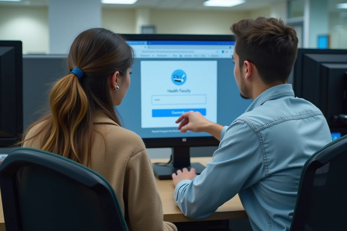 Deux étudiants de l'UFR de Santé de l'UPEC utilisant un ordinateur pour accéder à la plateforme Cristolink en salle informatique
