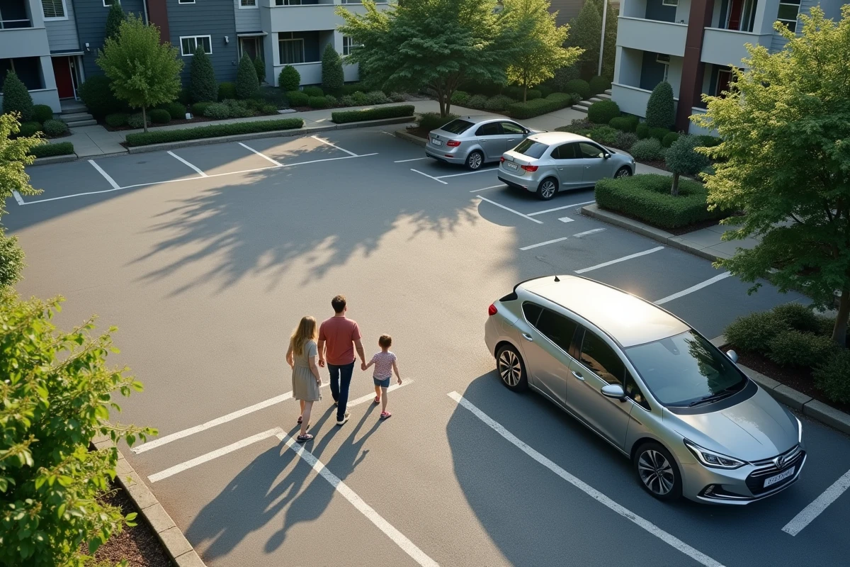 Famille regardant un panneau de stationnement dans une cour résidentielle