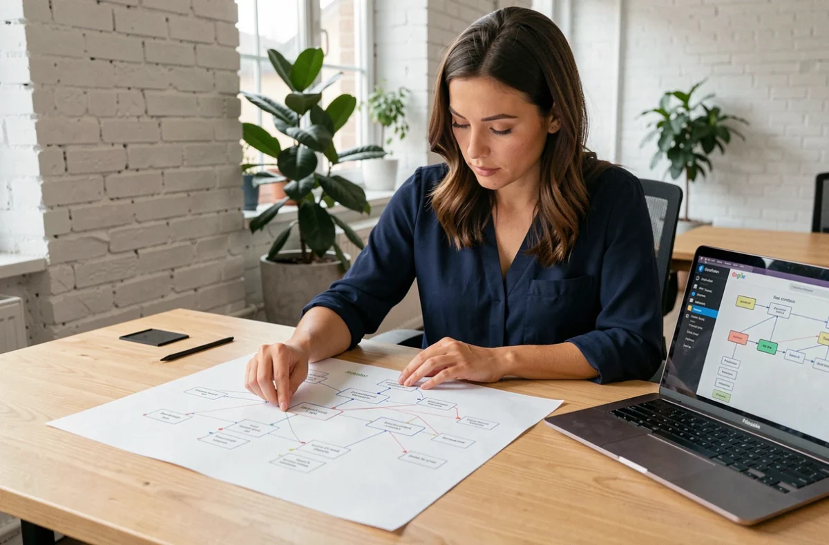 Femme analysant un plan de sitemap imprimé sur un bureau en bois dans un bureau moderne