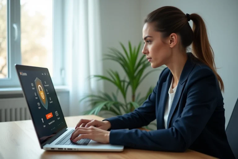 Femme installant un antivirus sur Firefox depuis son ordinateur portable dans un bureau moderne