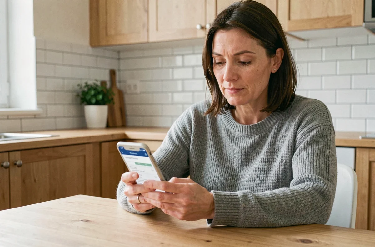 Femme utilisant une application de suivi d'examens médicaux sur smartphone dans une cuisine moderne