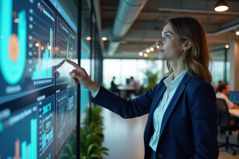Femme cadre présentant un tableau de bord numérique sur écran tactile dans un bureau moderne pour illustrer la transformation digitale en entreprise