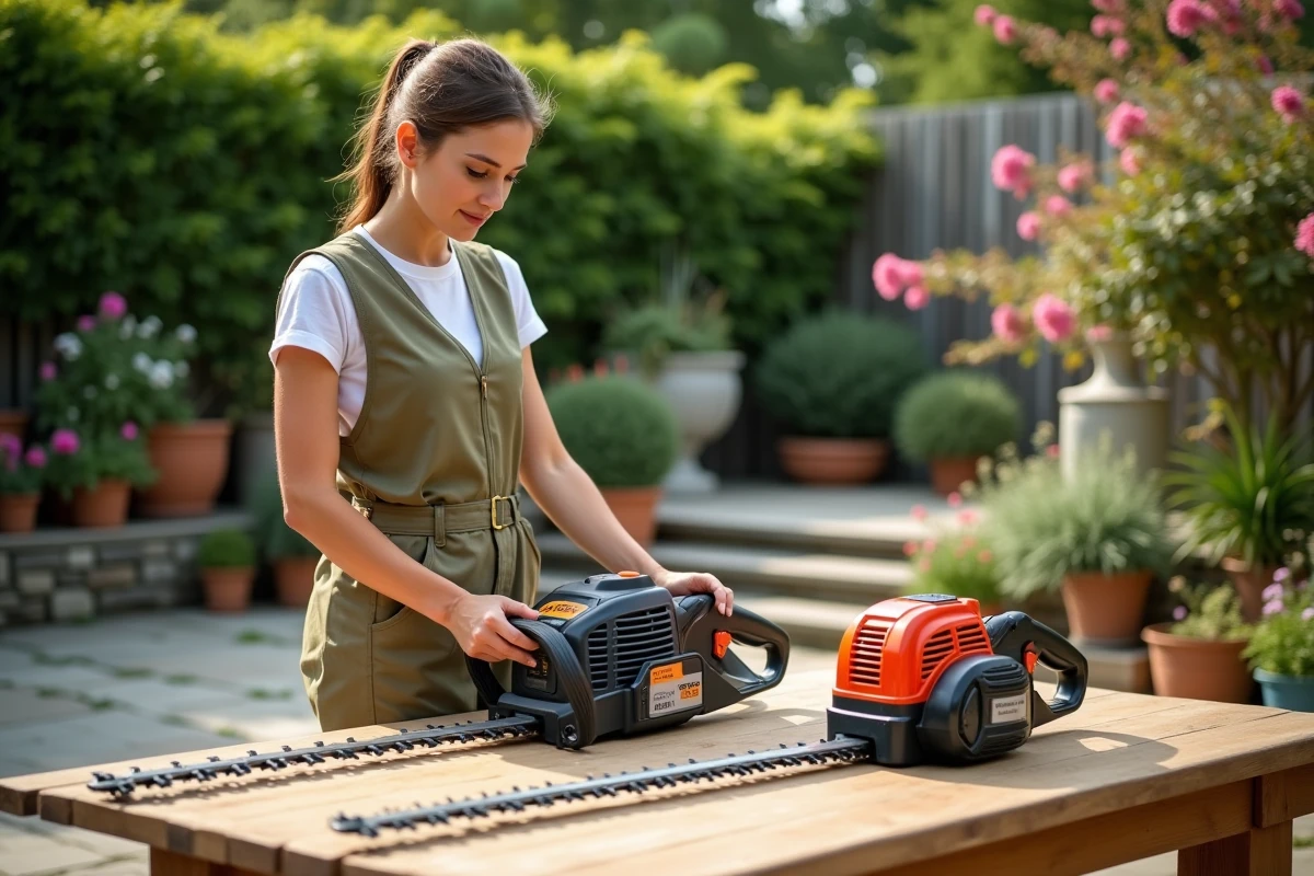 Jeune femme comparant deux taille-haies dans un jardin ensoleille