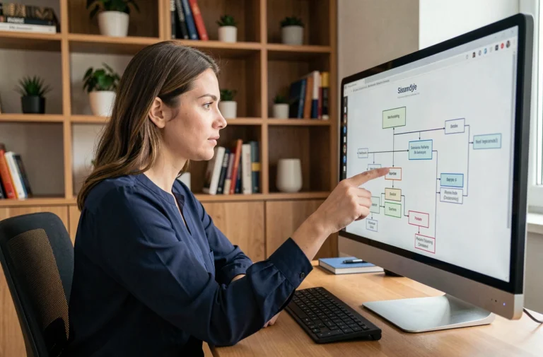 Femme consultant un plan de site web sur un écran d'ordinateur dans un bureau moderne