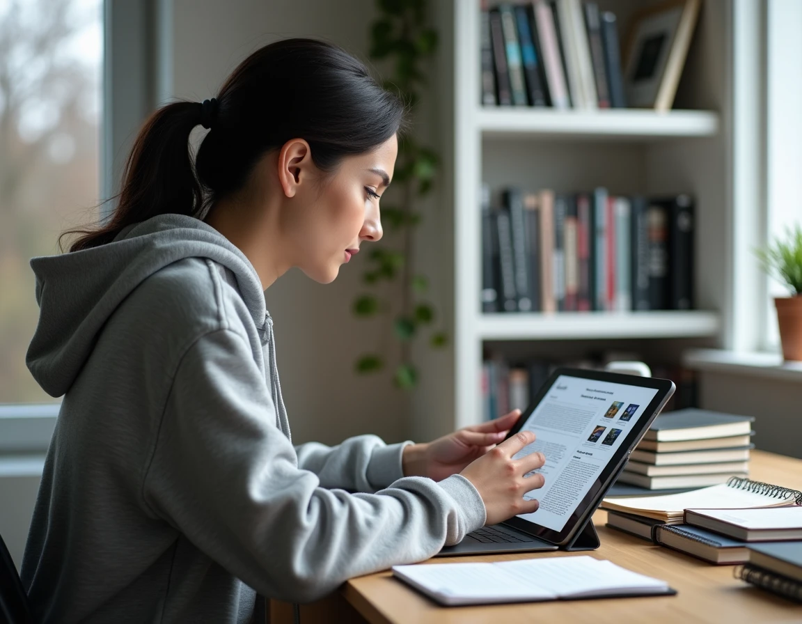 Femme consultant une revue technique automobile en PDF sur tablette dans un bureau à domicile