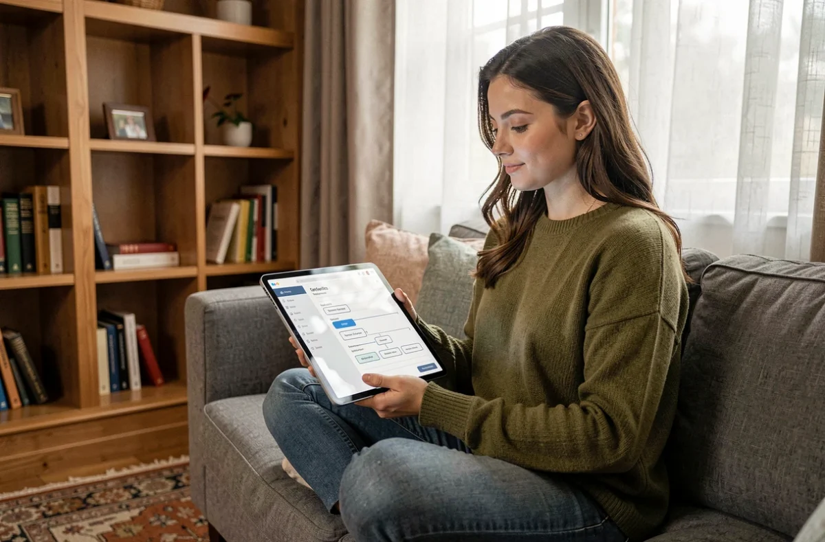 Jeune femme consultant un sitemap de site web sur une tablette dans un bureau à domicile confortable