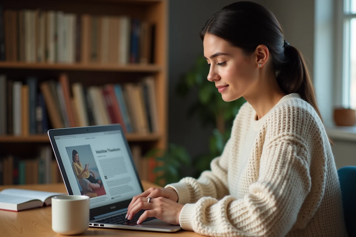 Femme lisant un magazine numérique en PDF sur son ordinateur portable dans un bureau à domicile chaleureux
