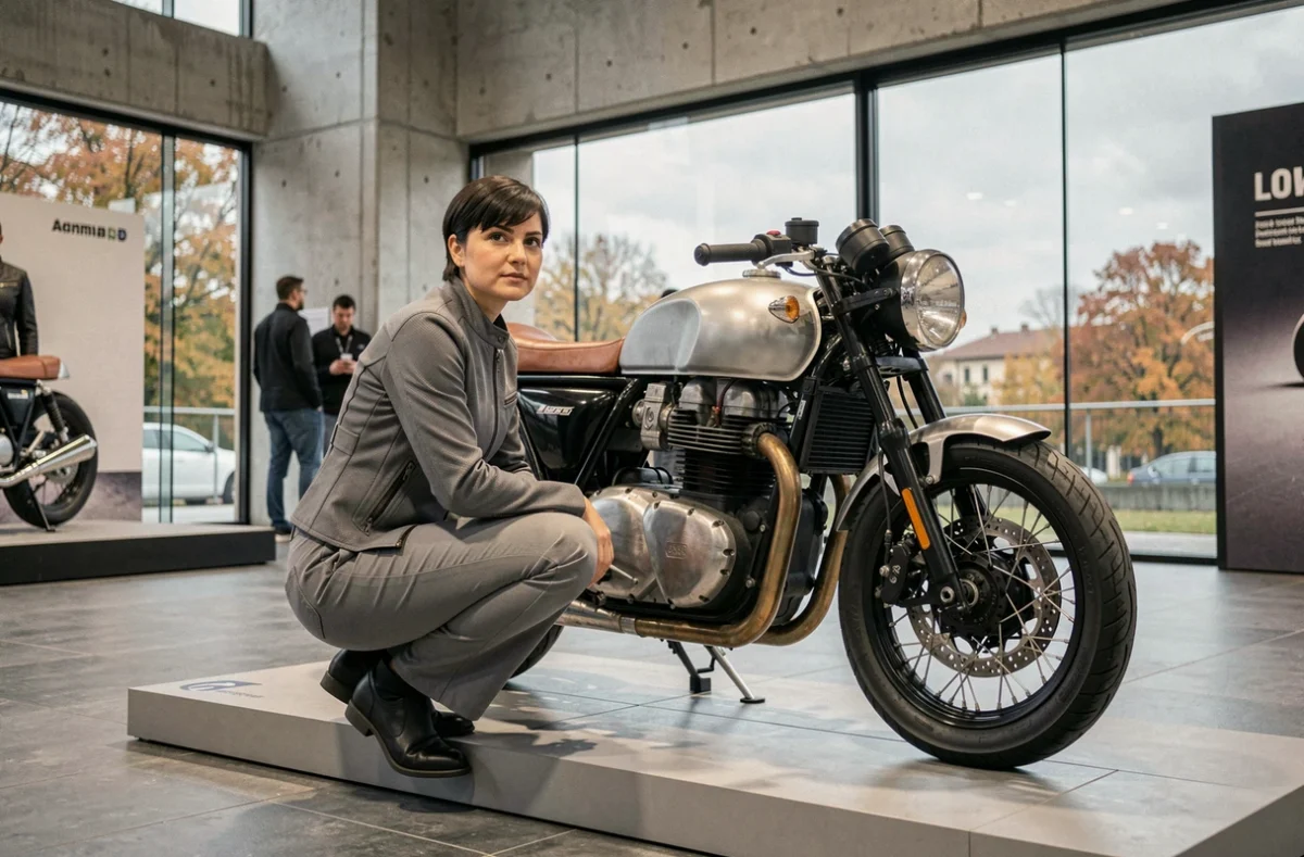 Femme examinant une moto cafe racer personnalisée lors du salon EICMA de Milan 2026