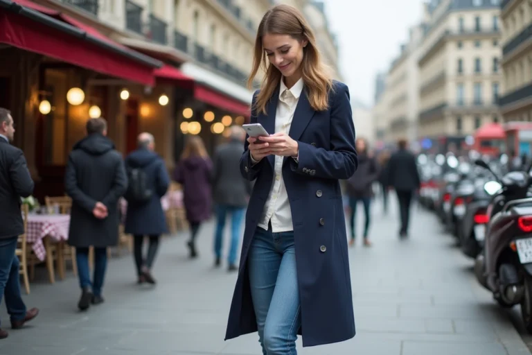 Femme élégante dans la rue parisienne avec trench et smartphone