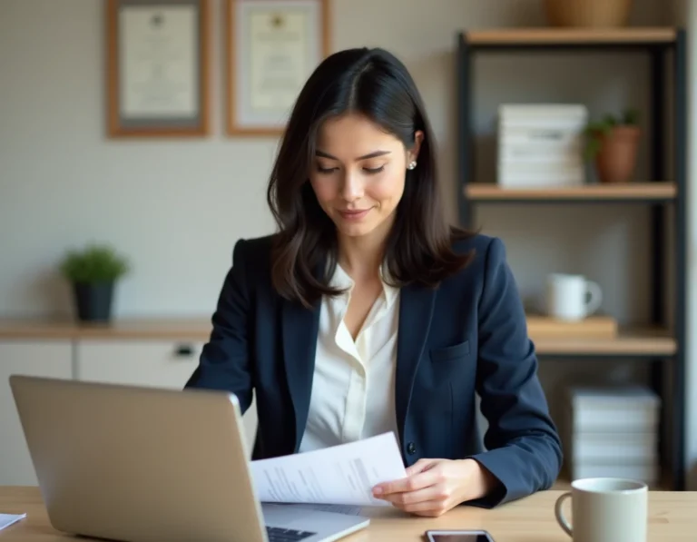 Femme professionnelle révisant son CV sur un bureau moderne pour trouver un emploi adapté à son profil en 2024