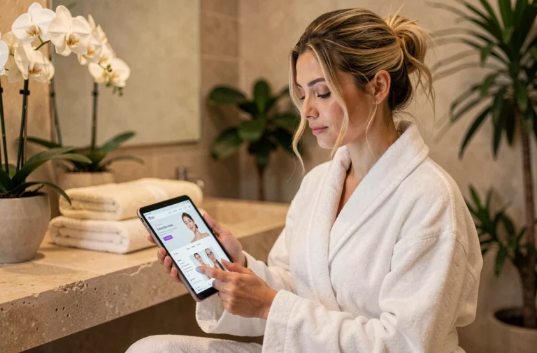 Femme en robe de bain consultant le site Oasis Of Beauty sur une tablette dans un espace spa élégant