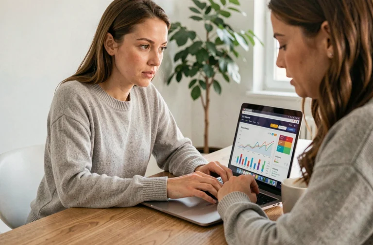Femme consultant des tendances digitales et actualités web sur un ordinateur portable dans un bureau moderne en 2024