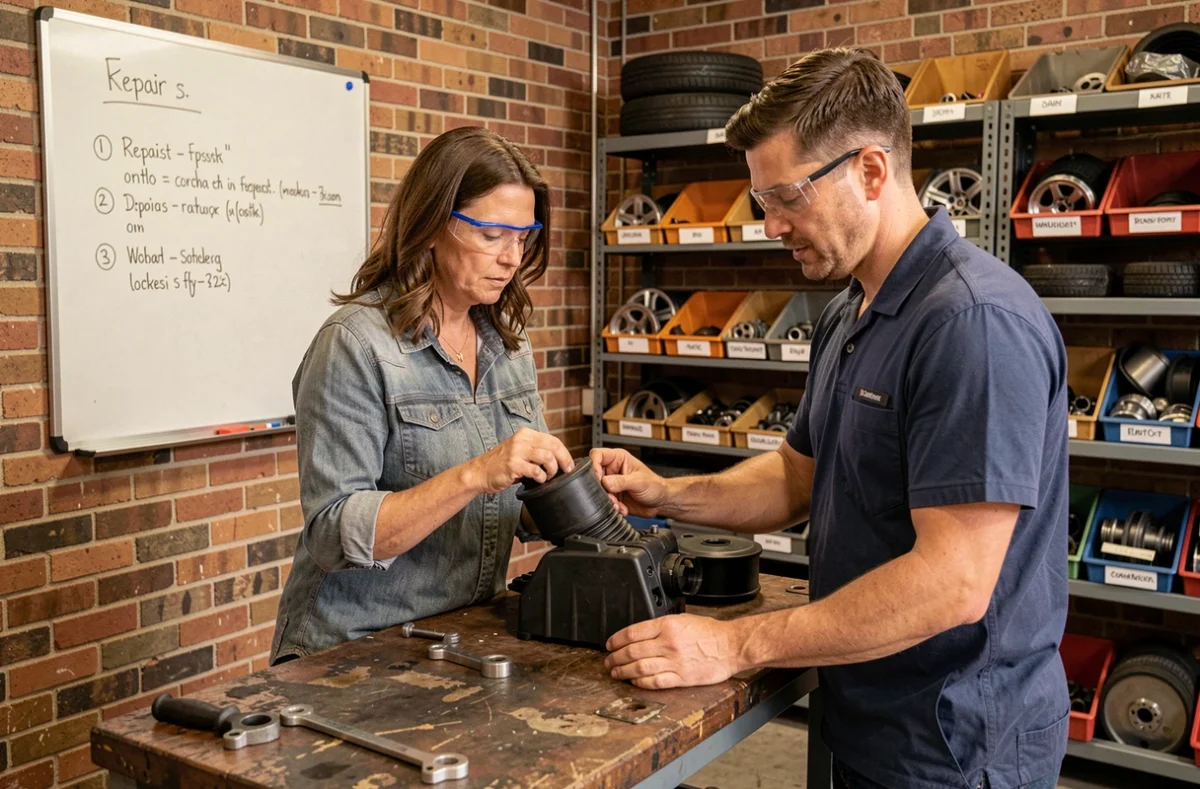 Femme apprenant à entretenir son moteur avec l'aide d'un technicien bénévole dans un garage associatif