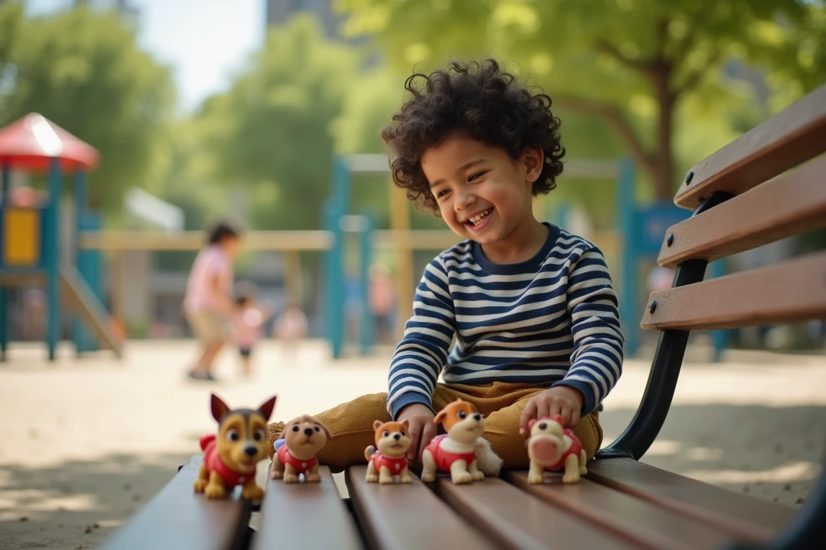 Garçon de 5 ans joue avec des figurines dans un parc ensoleille