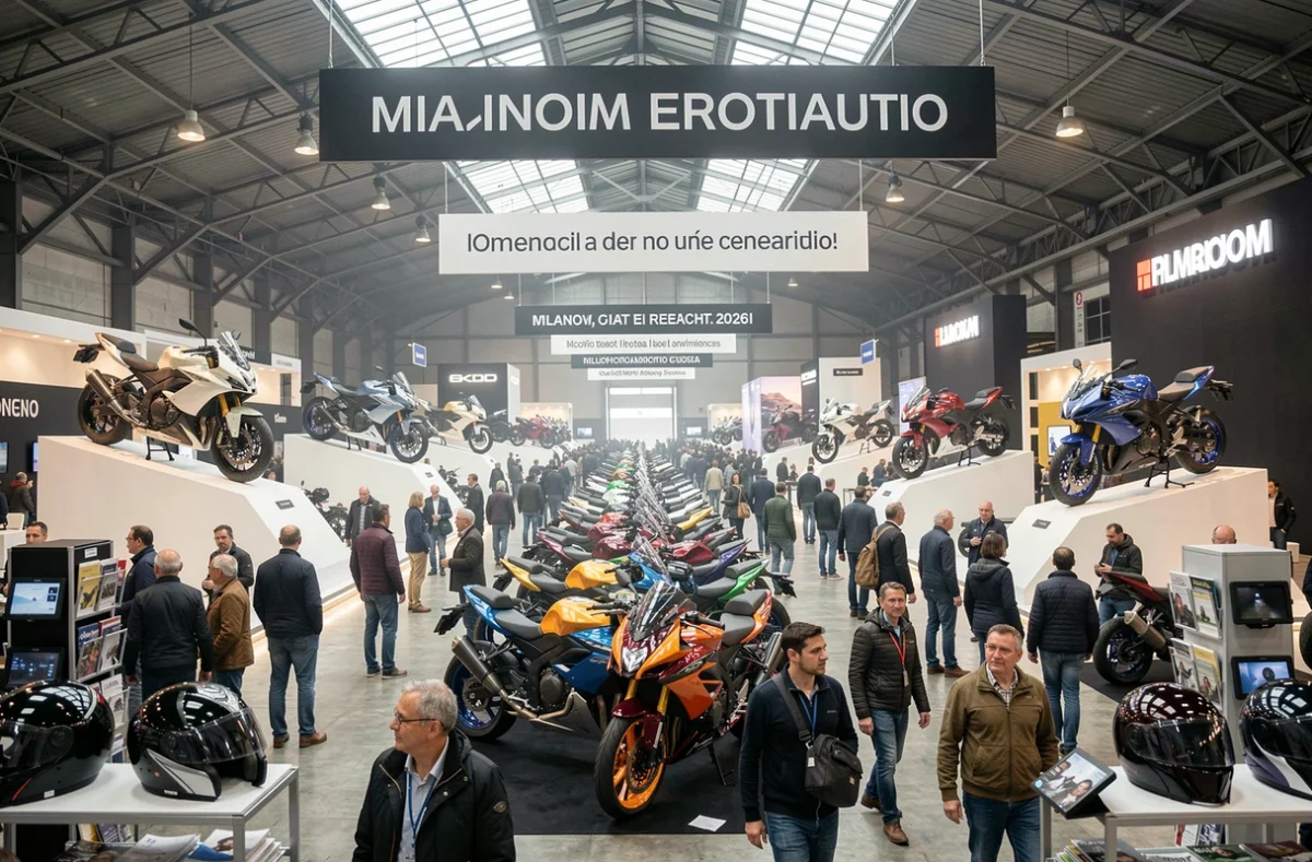 Vue panoramique du hall principal du salon de la moto de Milan EICMA 2026 avec les visiteurs et les stands des marques