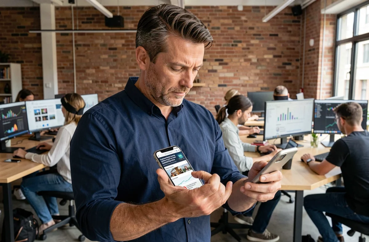 Homme consultant l'actualité numérique et les tendances web sur smartphone dans un espace de coworking urbain
