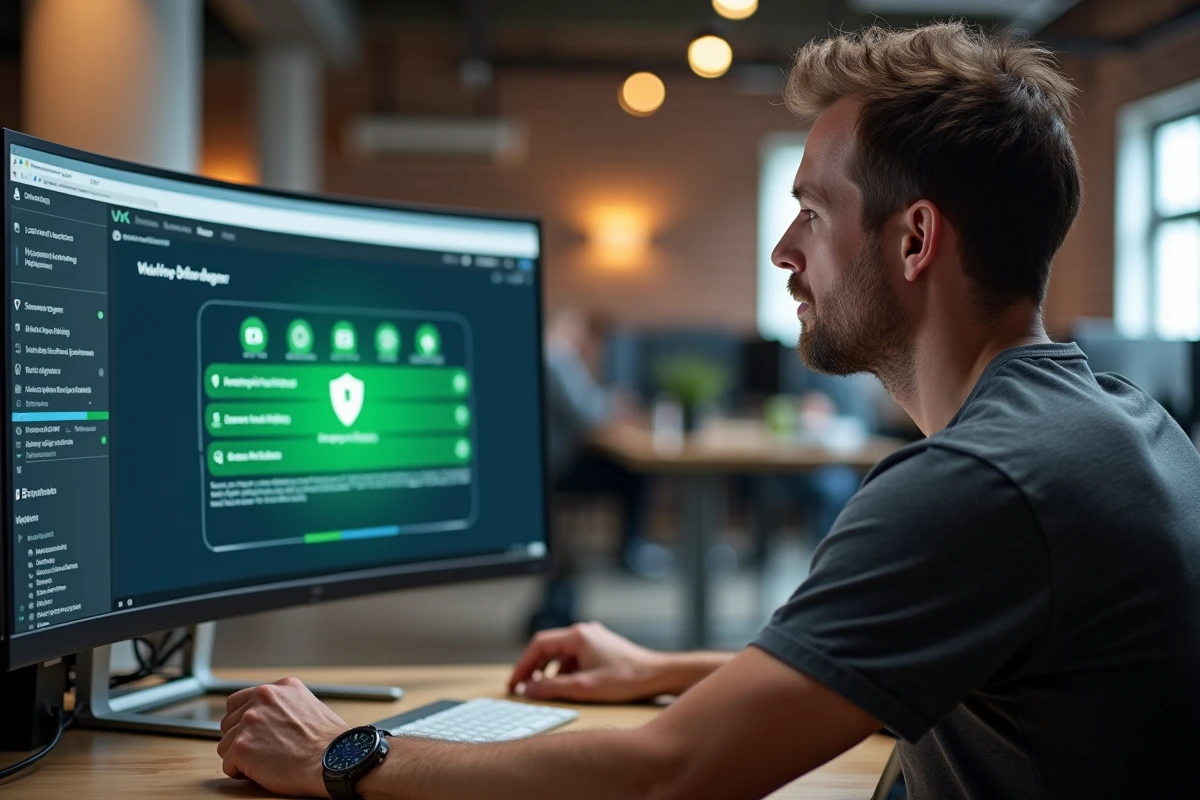 Homme configurant un antivirus Firefox sur un grand écran dans un espace de travail moderne