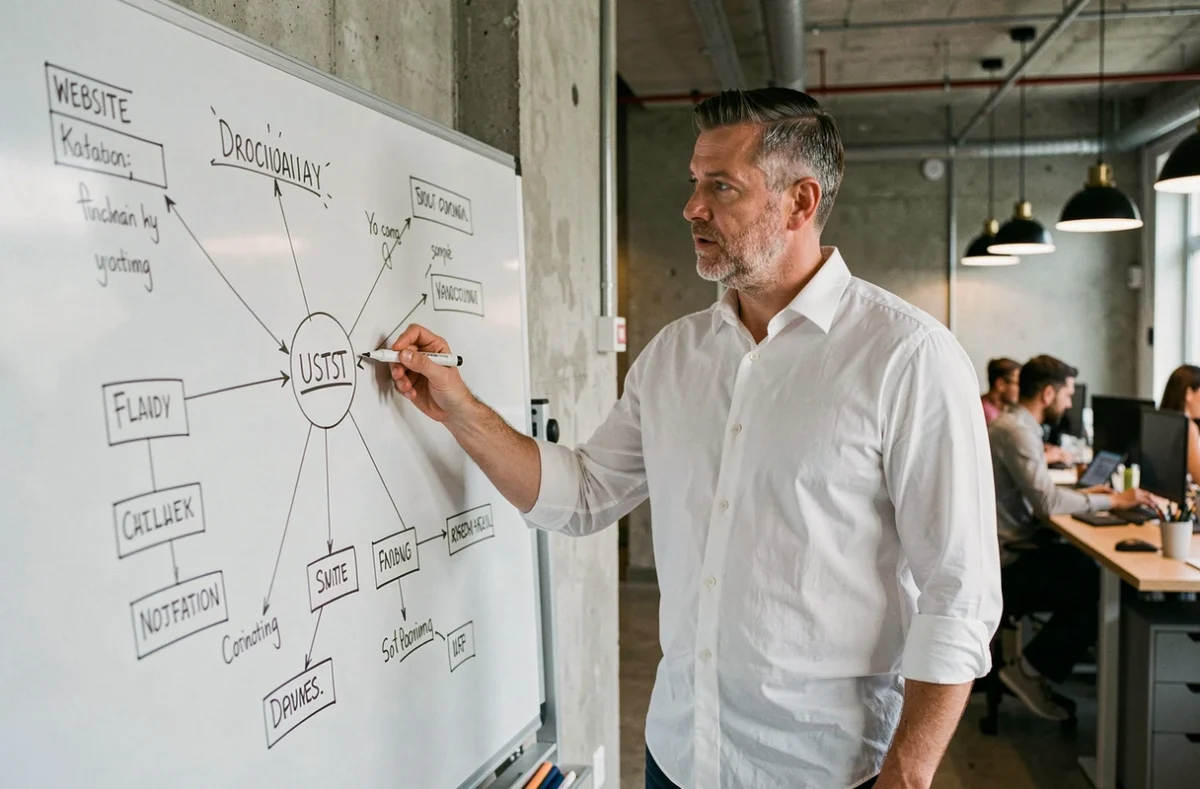 Homme expliquant la structure d'un sitemap sur un tableau blanc dans une agence web
