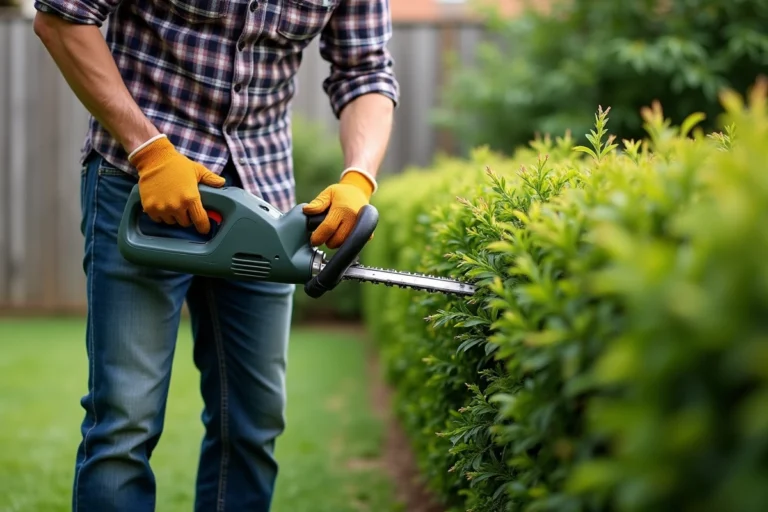 Homme en jardinage utilisant une tronconneuse électrique dans un jardin