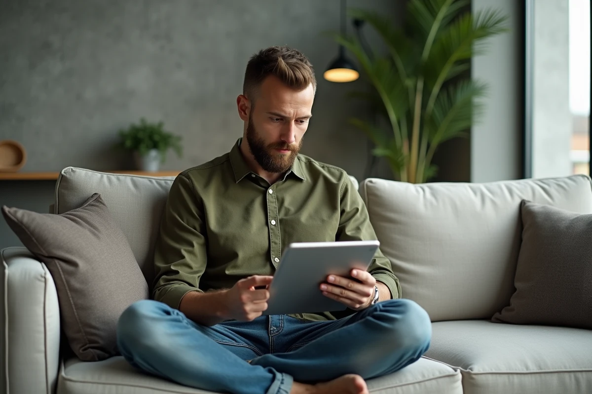 Homme consultant un magazine gratuit en PDF sur une tablette dans un appartement minimaliste