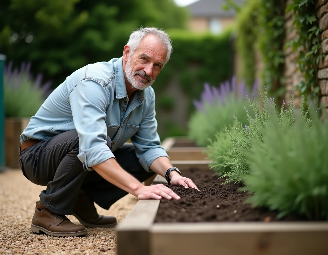 Homme plantant des herbes aromatiques dans un potager surélevé en traverses de bois dans un jardin paysager convivial