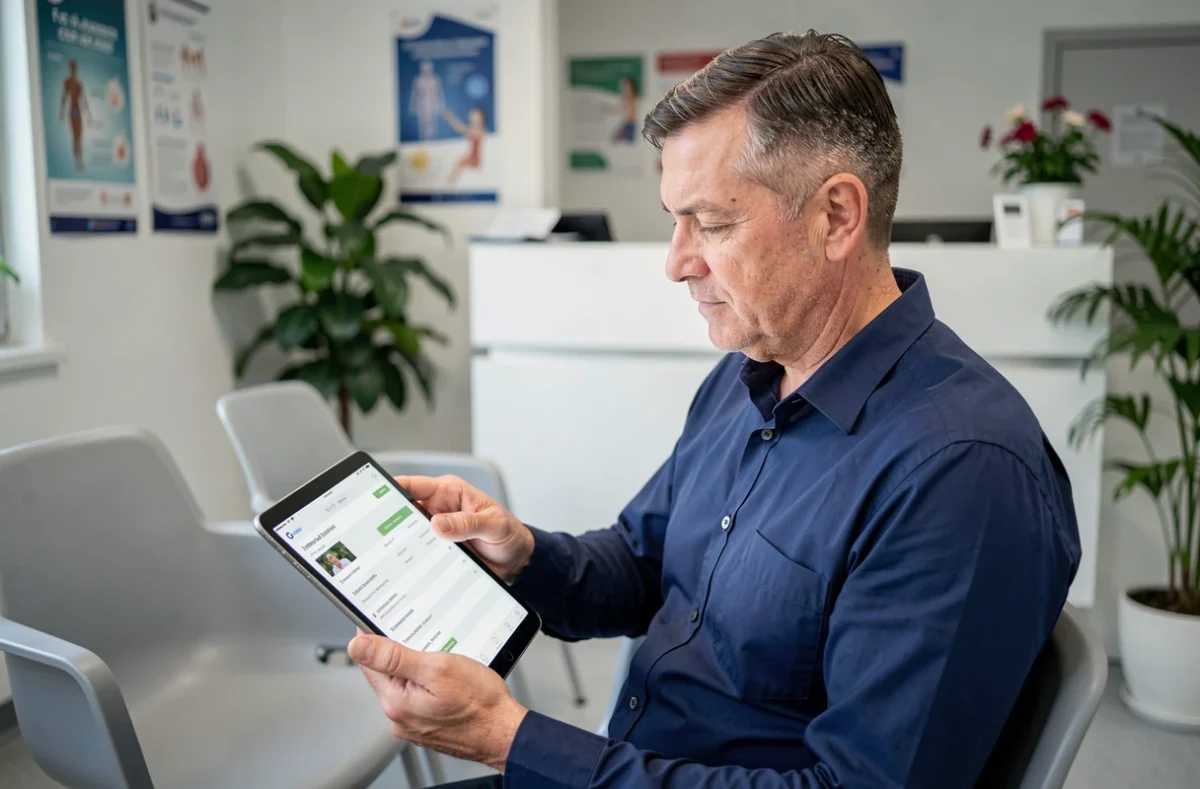 Homme consultant ses résultats d'analyses médicales sur tablette dans une salle d'attente de laboratoire