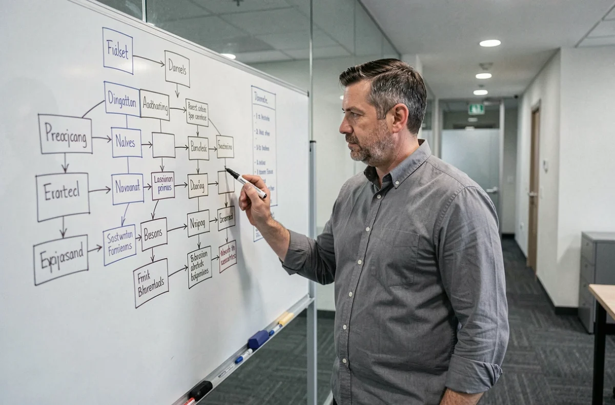 Homme debout devant un tableau blanc avec une structure de sitemap dessinée à la main en réunion