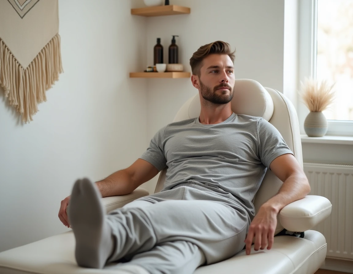 Homme en tenue décontractée assis dans un fauteuil de réflexologie dans un centre de bien-être minimaliste scandinave