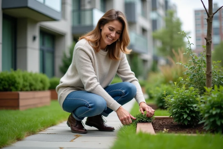 Femme plantant des arbustes dans un jardin urbain