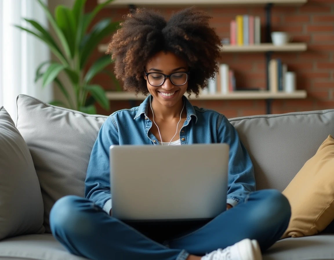 Jeune adulte recherchant un emploi en ligne sur son ordinateur portable depuis son salon en 2024